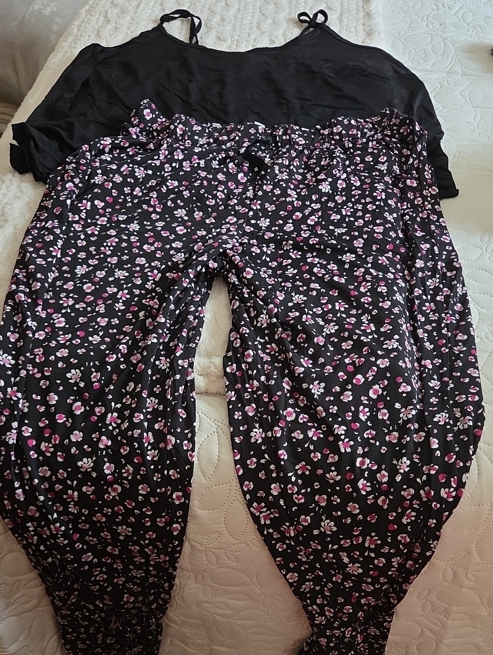 Cacique Black Pajama Set with Pink Floral Print